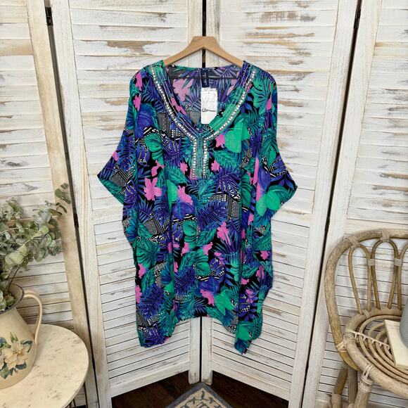 SWIMSUITS FOR ALL NWT Women's PLUS 22 24 Cover Up Top Caftan Cotton Multicolor - Picture 13 of 13